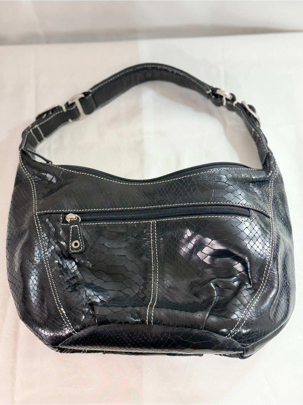 Black Faux-Snake Hobo Bag with Front Zip Pocket